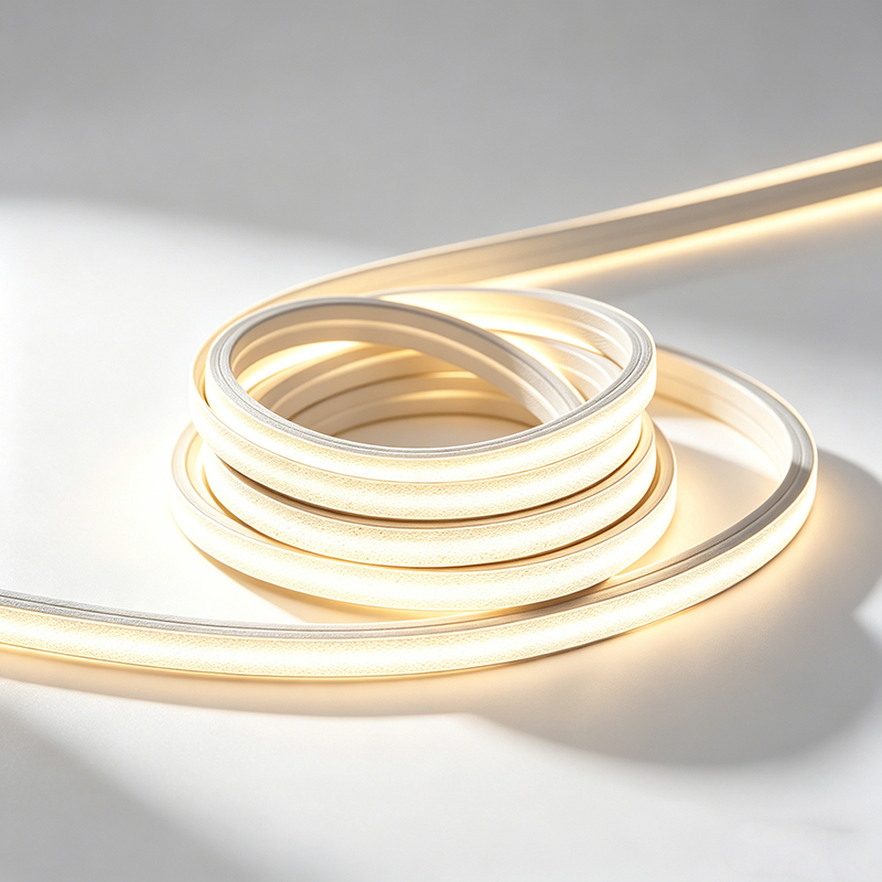 A coiled silicone neon flex light emitting a soft glow on a neutral surface.