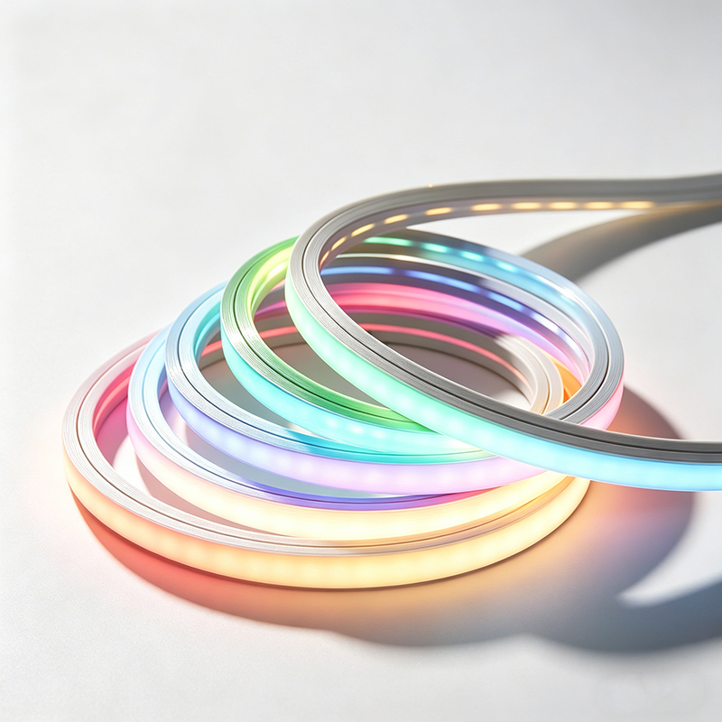 Coiled silicone neon flex lights in various colors on a light background, showcasing vibrant illumination and flexible design.