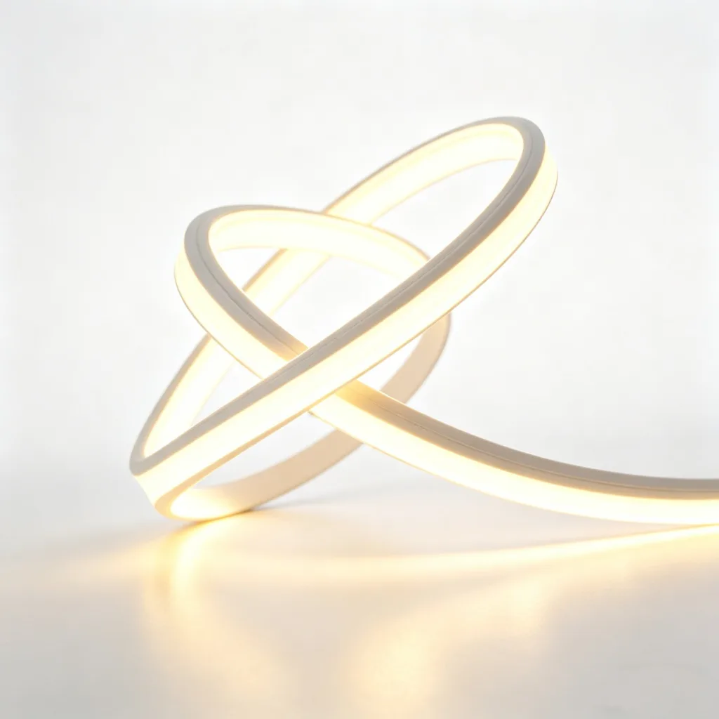 Twisted flexible silicone LED light tubing emitting a warm glow on a white background.