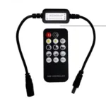 Black LED dimmer controller connected to a remote control featuring multiple buttons for light adjustments.