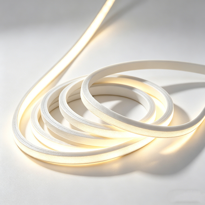 Coiled silicone neon flex LED light emitting a warm white glow, on a smooth white surface.