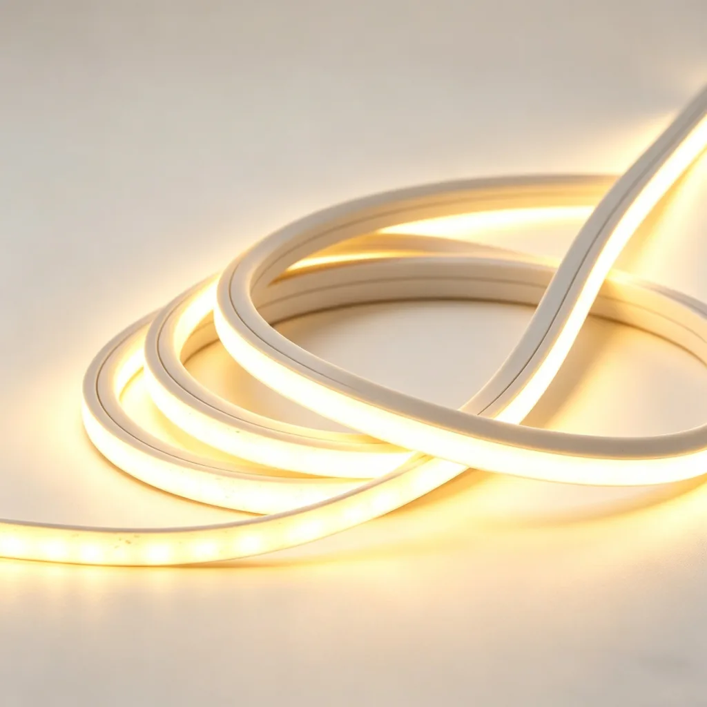 Coiled warm silicone neon flex lights on a light background showcasing illumination and flexibility.