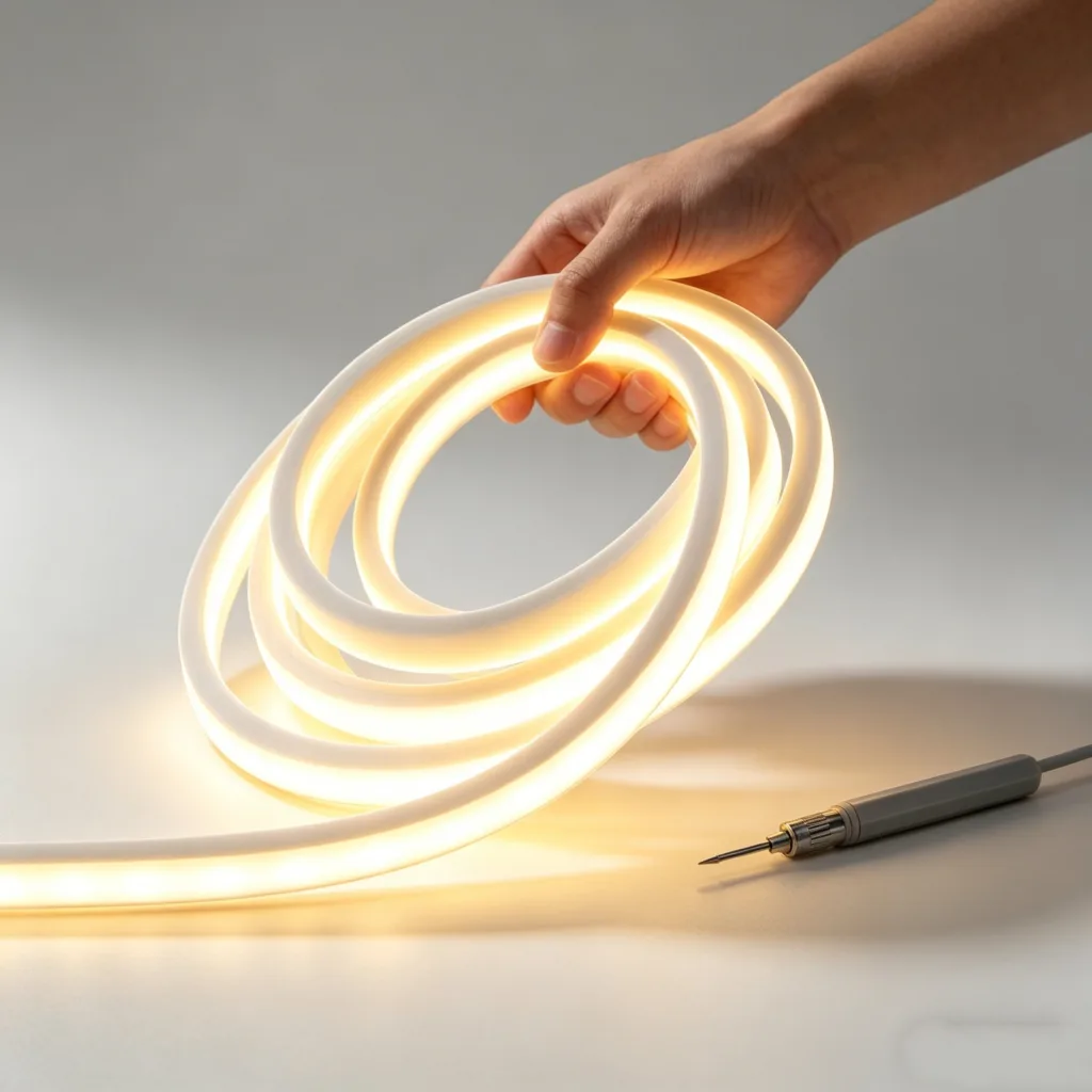Close-up of a hand holding a coil of flexible warm white LED neon flex lighting, with a precision tool beside it on a white surface.