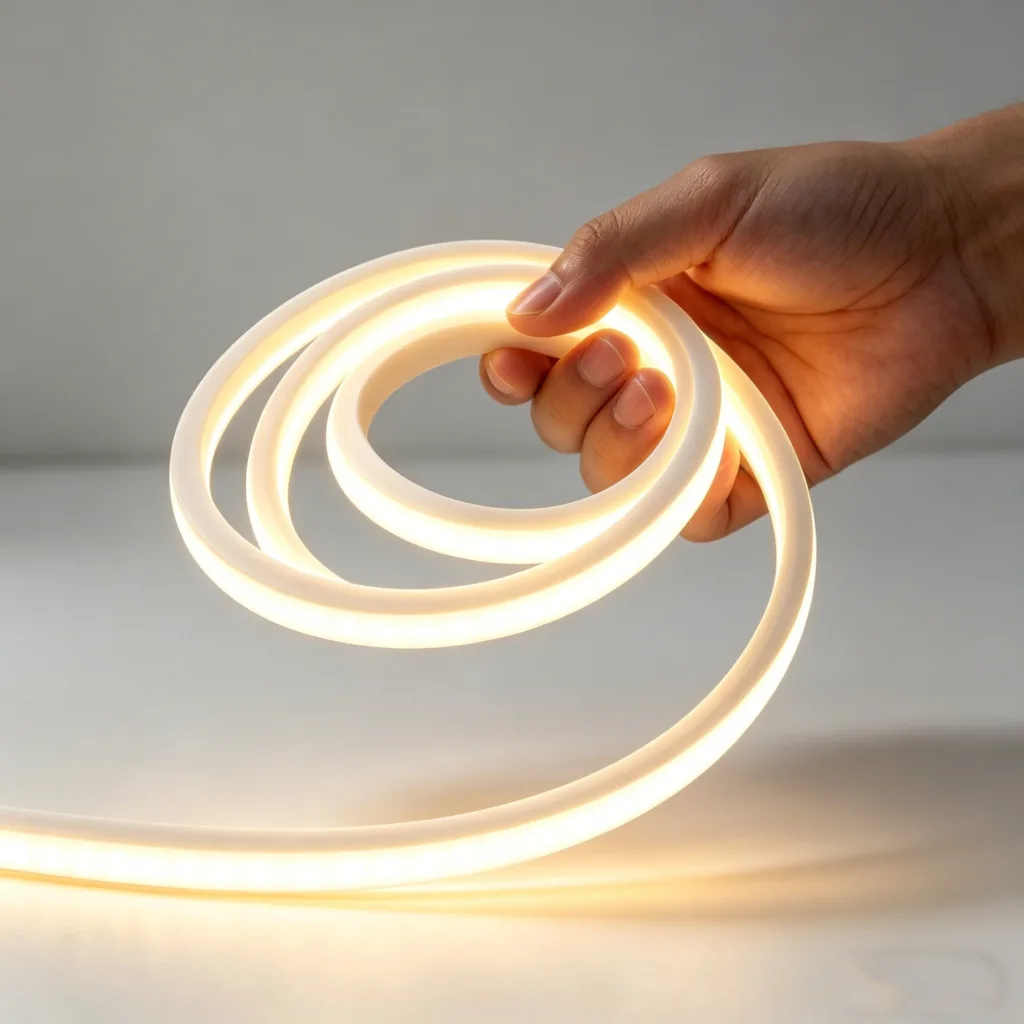 Close-up of a hand holding a flexible silicone neon flex light emitting warm white illumination, showcasing its durability and bendability.