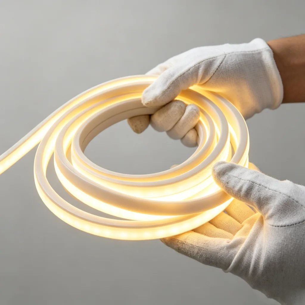 A coil of flexible silicone LED neon lighting emitting warm yellow light, held by gloved hands against a neutral background.