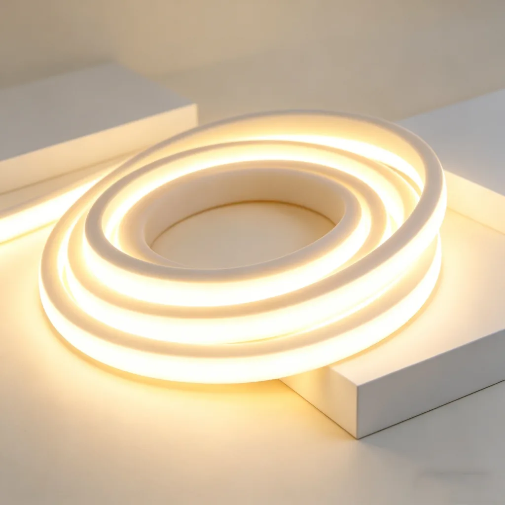 A coil of flexible silicone neon lighting emitting warm white light, displayed elegantly on minimalist white geometric blocks.