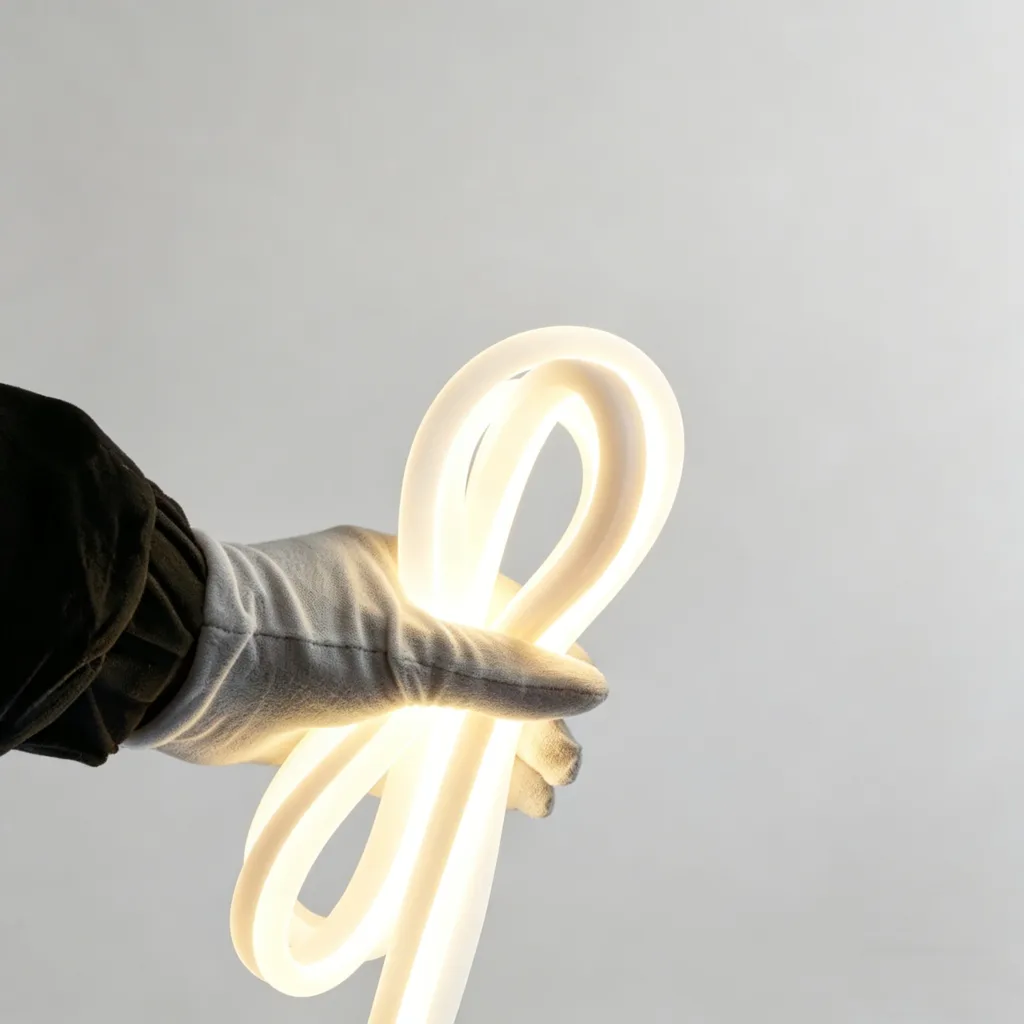 Close-up of a gloved hand holding a warm white silicone neon flex lighting strip, showcasing its flexibility and modern design.