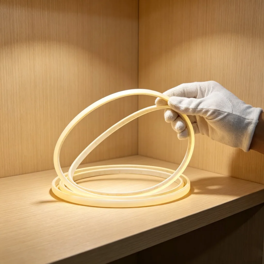 Gloved hand holding a flexible silicone neon light tube on a wooden shelf under warm lighting.