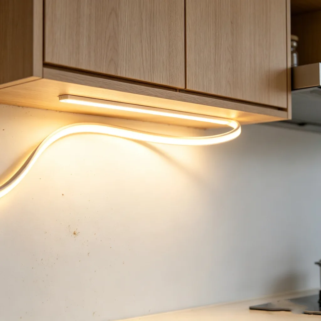 Warm silicone neon flex light installed under wooden kitchen cabinets, providing smooth illumination in a clean, modern kitchen setting.