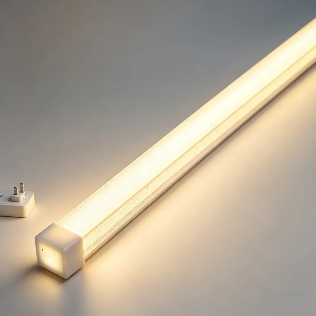 Warm glowing silicone neon flex light featuring a sleek, linear design with a textured surface, adding soft ambient lighting.