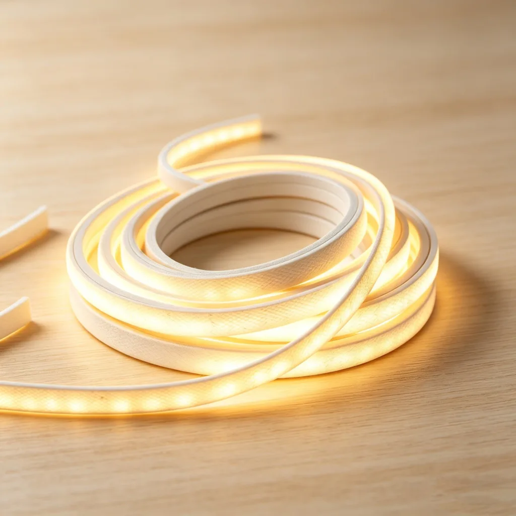 Coiled warm white silicone LED neon flex strip on a wooden surface, showcasing dotless illumination and flexibility.