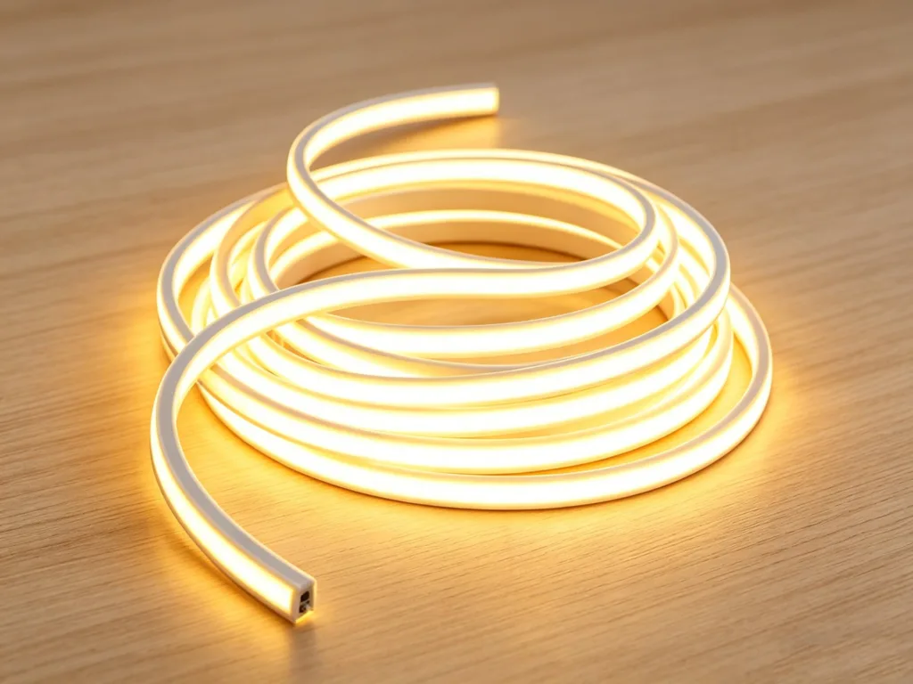 Coiled warm silicone neon flex LED light emitting soft illumination on a smooth wooden surface.