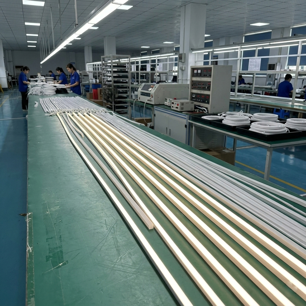 Rows of silicone neon flex lights and components on a green table in a well-lit production facility with workers in the background.