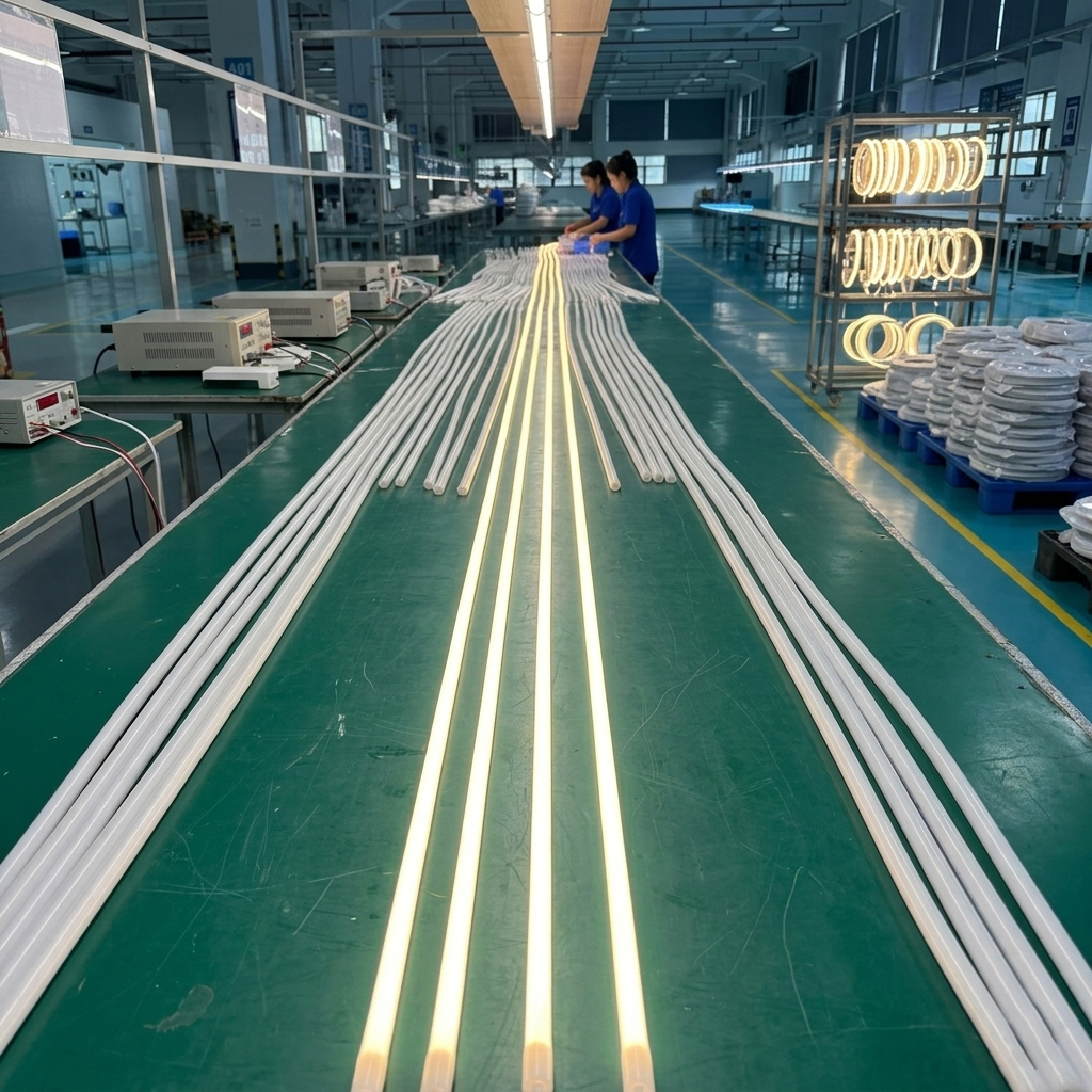Workers in a factory working on silicone neon flex lighting products on a long assembly table, with glowing lights and equipment.