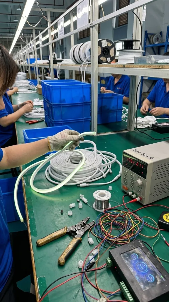 Factory workers manufacturing and testing silicone neon flex lighting with assembly tools, wiring, and power testing equipment on a green workbench.