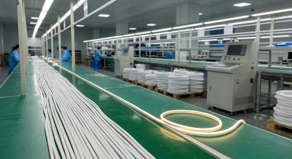 Production facility showcasing silicone neon flex lights on a conveyor line with workers assembling in the background.